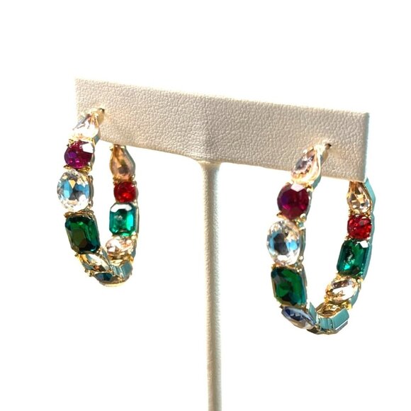 Charming Charlie Gold Hoop Earrings With Multicolor Gemstone Accents MSRP $24 - Picture 1 of 8
